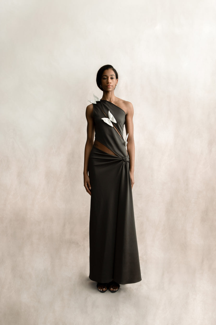 One-Shoulder Low-Rise Draped Dress in Graphite
