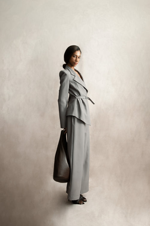 LA Window-Cut Belted Asymmetric Blazer – Slate