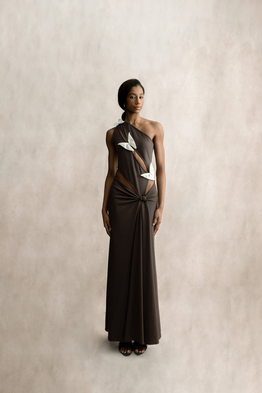 3. The Asymmetric Bi-Cut High-Neck Drape (HER.I Asymmetric Bi-Cut High-Neck Dress - Taupe)