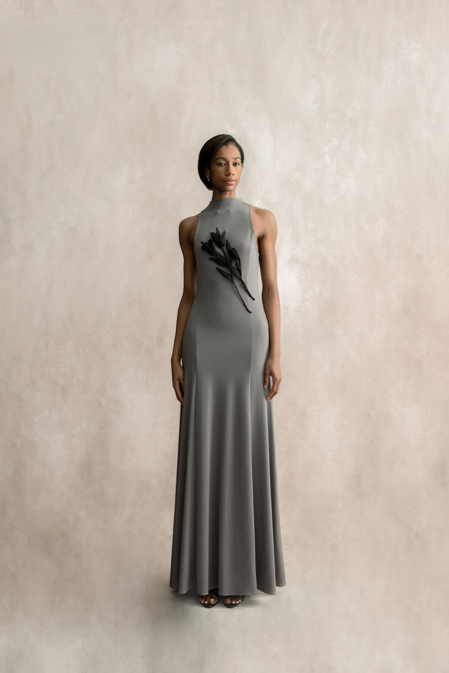 1. The High-Neck Fitted Floral Appliqué