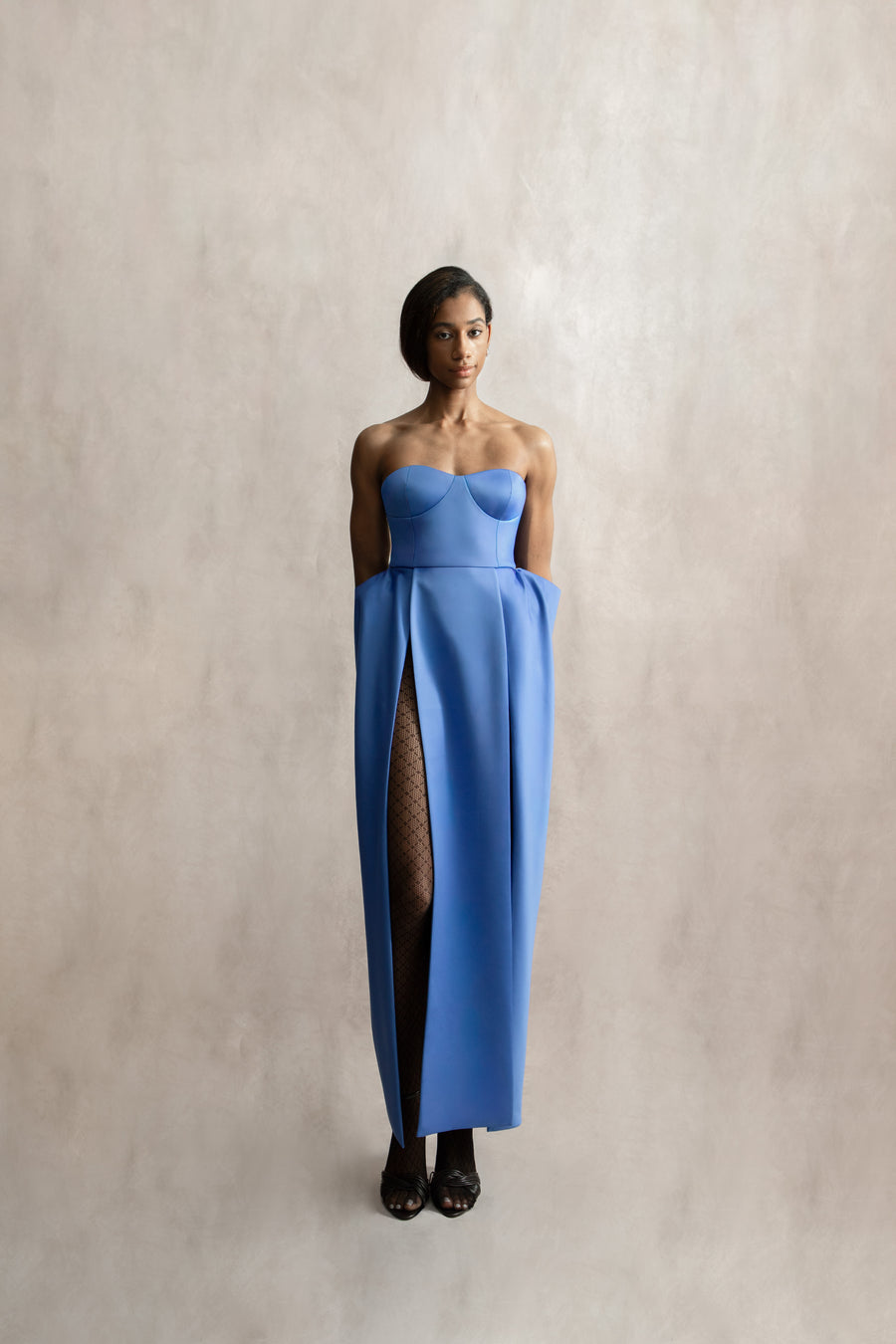 Strapless Corset Fitted Slit Dress - Cyanite Blue